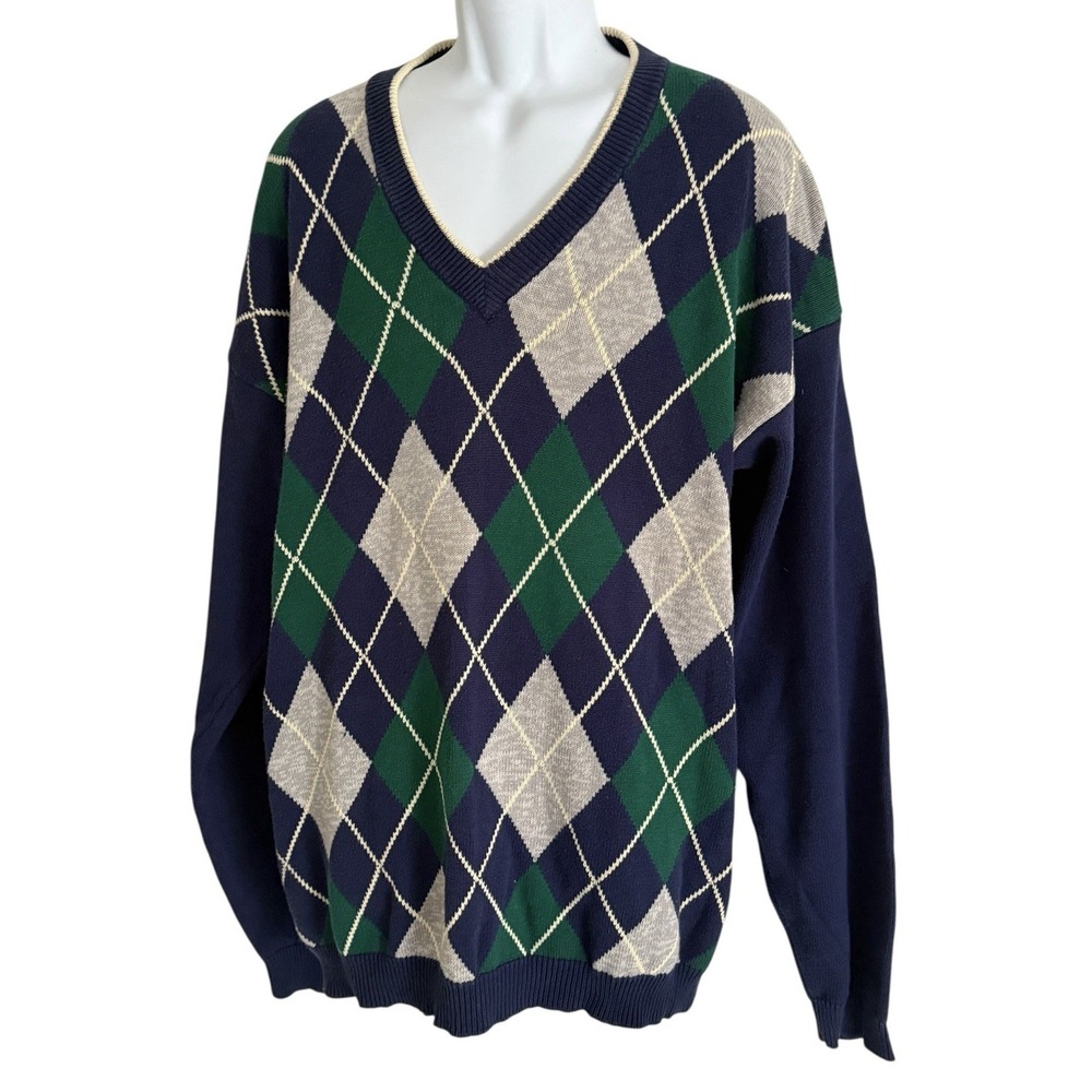 VTG Field Gear Men Sweater Blue Green XLT TALL Argyle V-Neck‎ Grandpa Knit